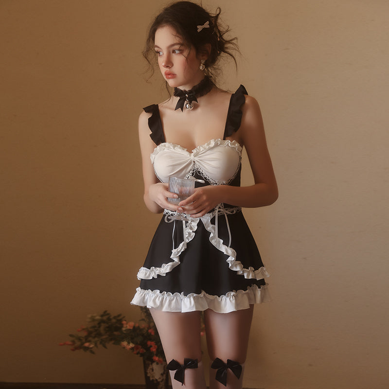 Standing portrait of black and white maid cosplay dress