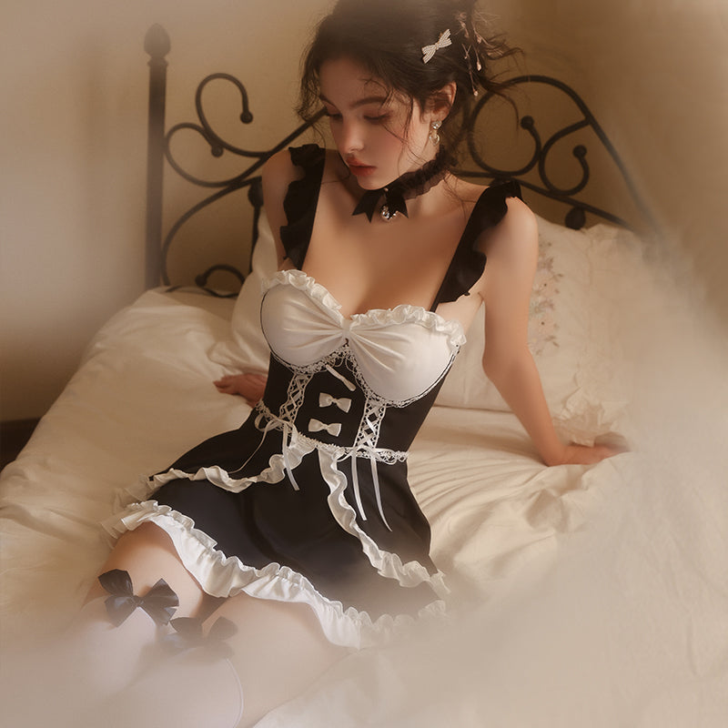 Three-quarter view of black and white maid cosplay dress