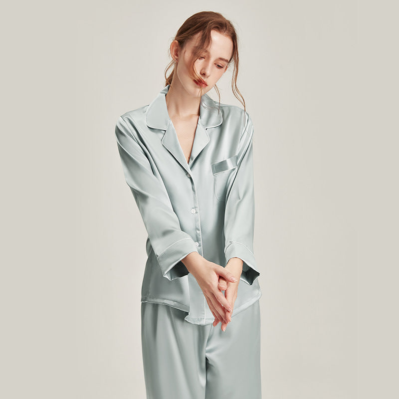 Blue long-sleeve mulberry silk pajama set