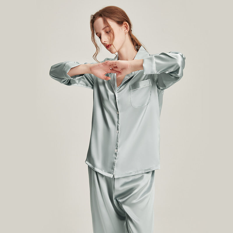 Blue mulberry silk pajama set relaxed view