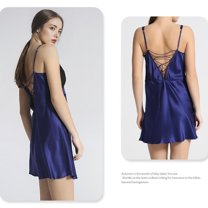 Blue silk nightgown lace back detail