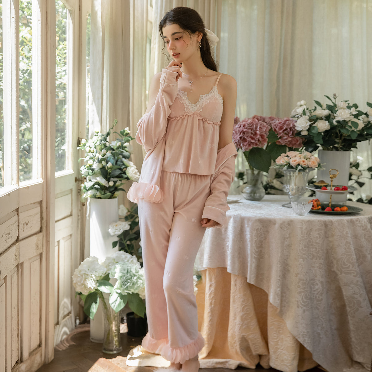 Full front view of the blush pink floral 3-piece pajama set with cami, pants and cardigan