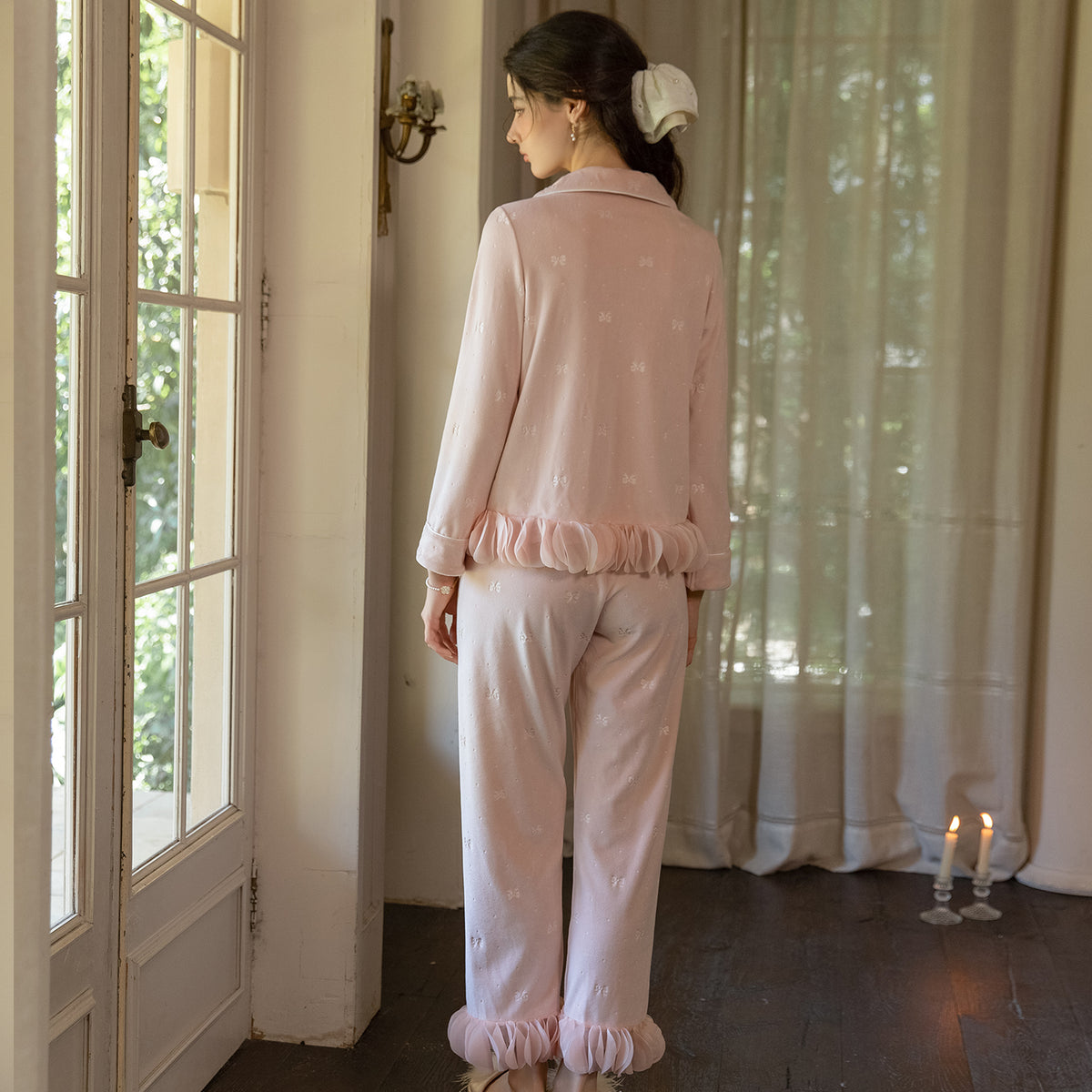 Back view of the blush pink long-sleeve pajama cardigan and matching pants