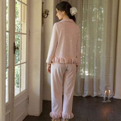 Back view of the blush pink long-sleeve pajama cardigan and matching pants