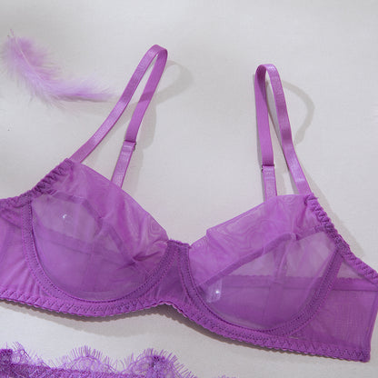 Purple bra and panty set with lace design
