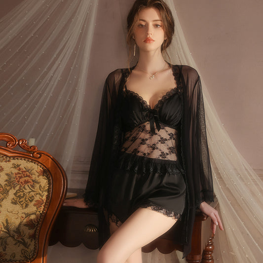 Lace Lingerie 3-Piece Set – Sheer Camisole, Shorts & Robe Sleepwear in Black or White