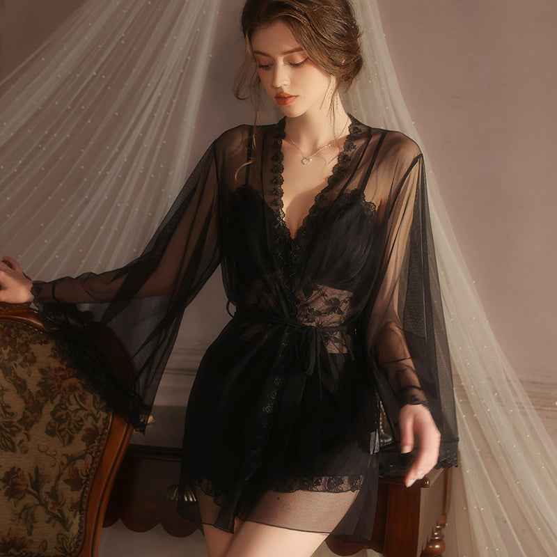Lace Lingerie 3-Piece Set – Sheer Camisole, Shorts & Robe Sleepwear in Black or White
