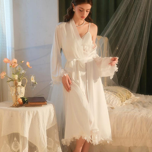 Bridal Satin Nightgown & Sheer Robe Set with 3D Floral Appliqué