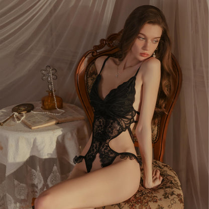 Lace Butterfly Open-Crotch Bodysuit – Sexy Sheer Lingerie One-Piece (Black/White/Red)
