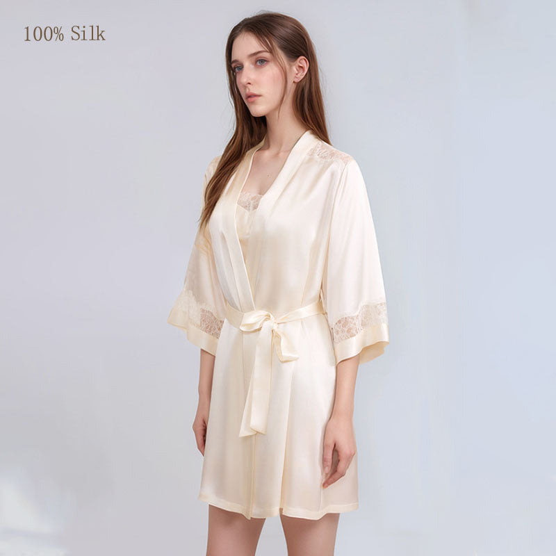 Champagne mulberry silk robe front view
