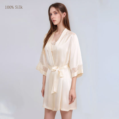 Champagne mulberry silk robe front view