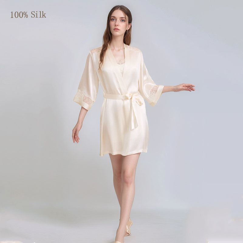 Champagne mulberry silk robe full-length view