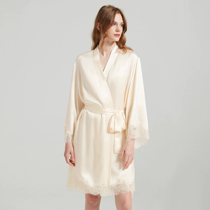 Champagne mulberry silk robe with waist tie