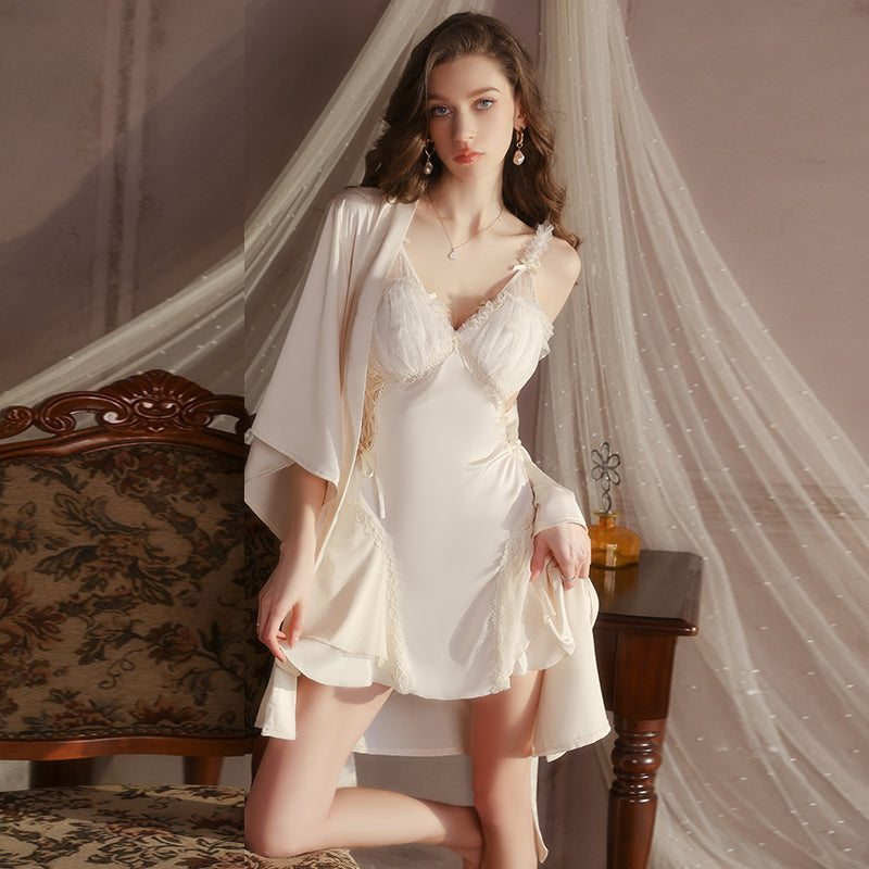 Lace Trim Nightdress & Robe Set – Soft Satin Nightgown Lingerie (Pink / Purple / Champagne)