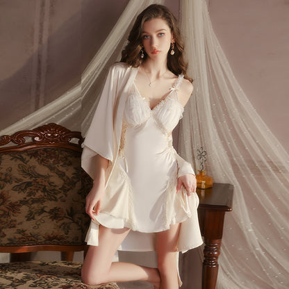 Lace Trim Nightdress & Robe Set – Soft Satin Nightgown Lingerie (Pink / Purple / Champagne)