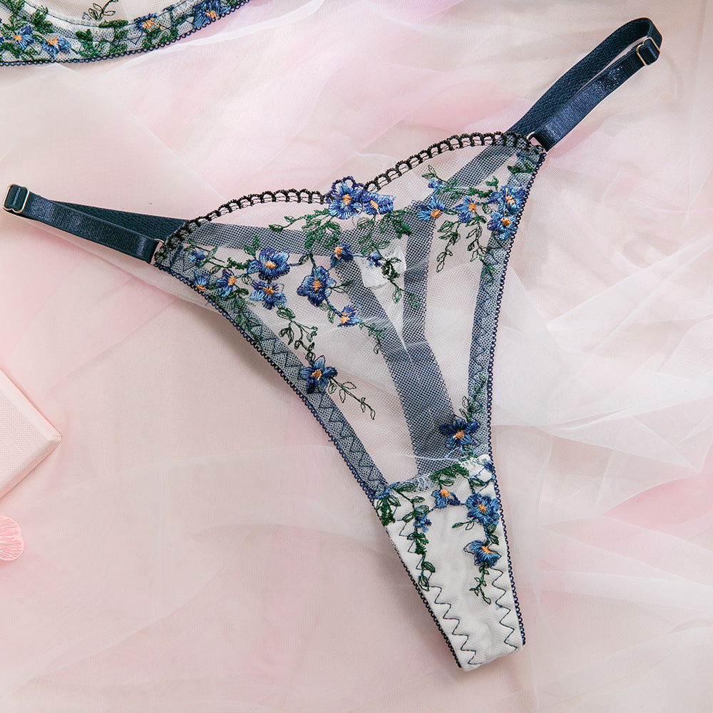 Blue lingerie set featuring underwire