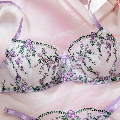 Purple floral embroidered lingerie set