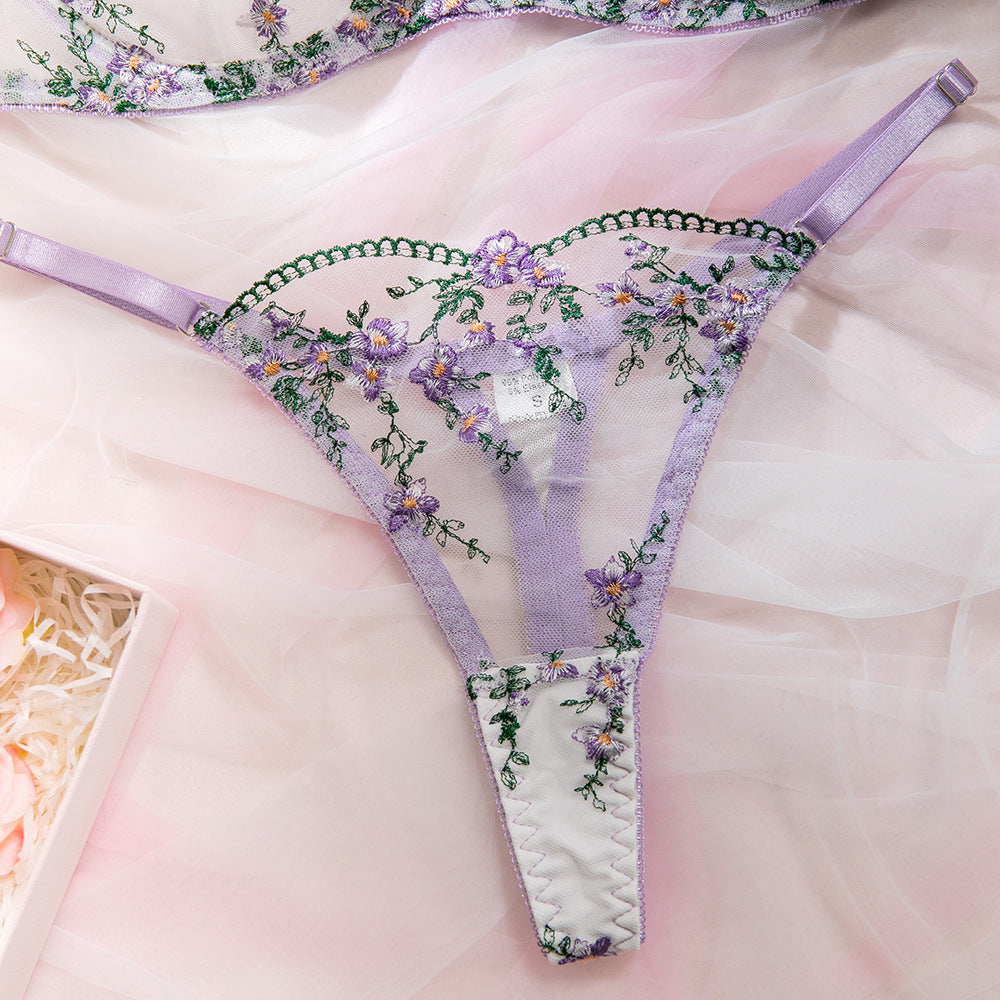 Purple lingerie set featuring embroidered