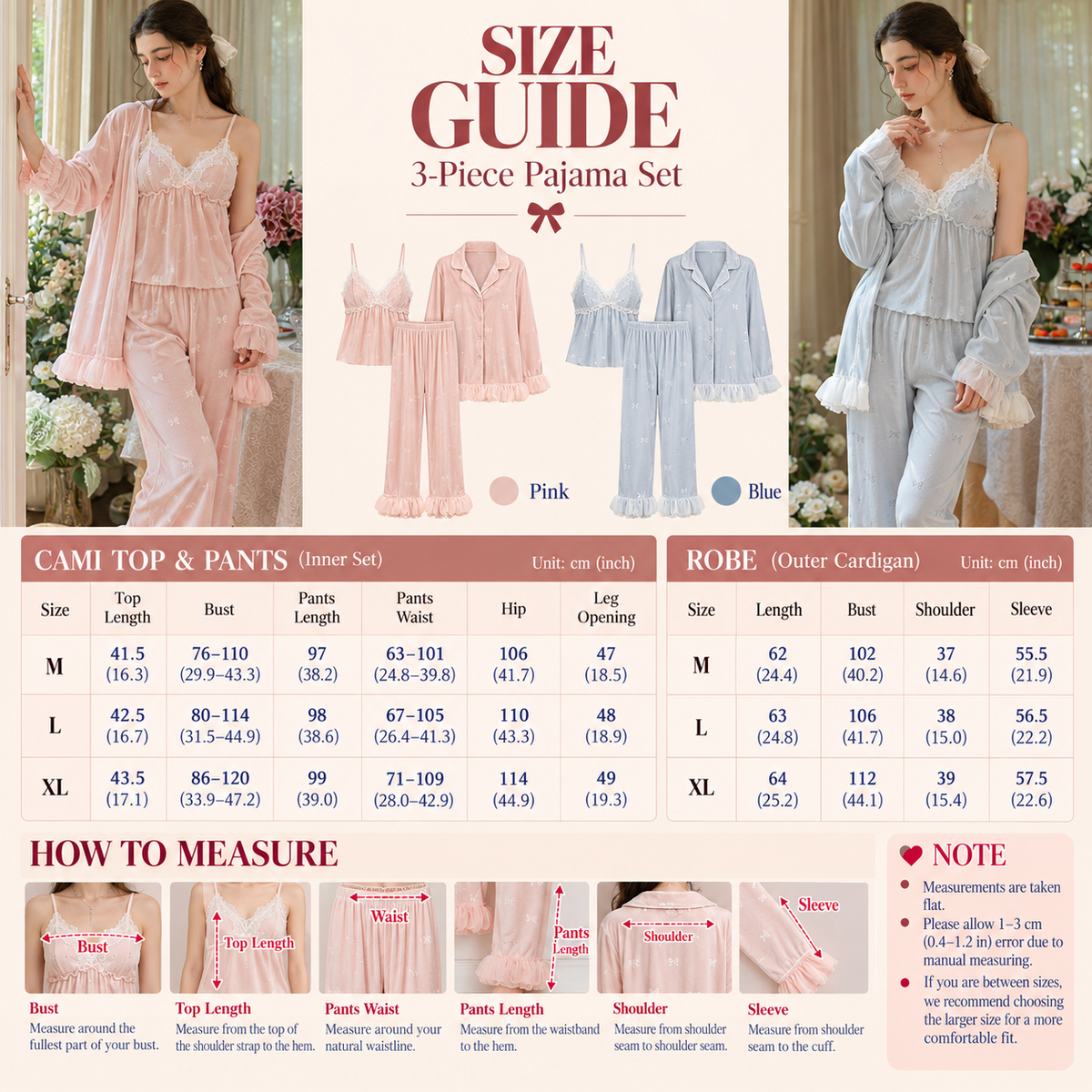 Size guide for the floral 3-piece pajama set in blush pink and light blue