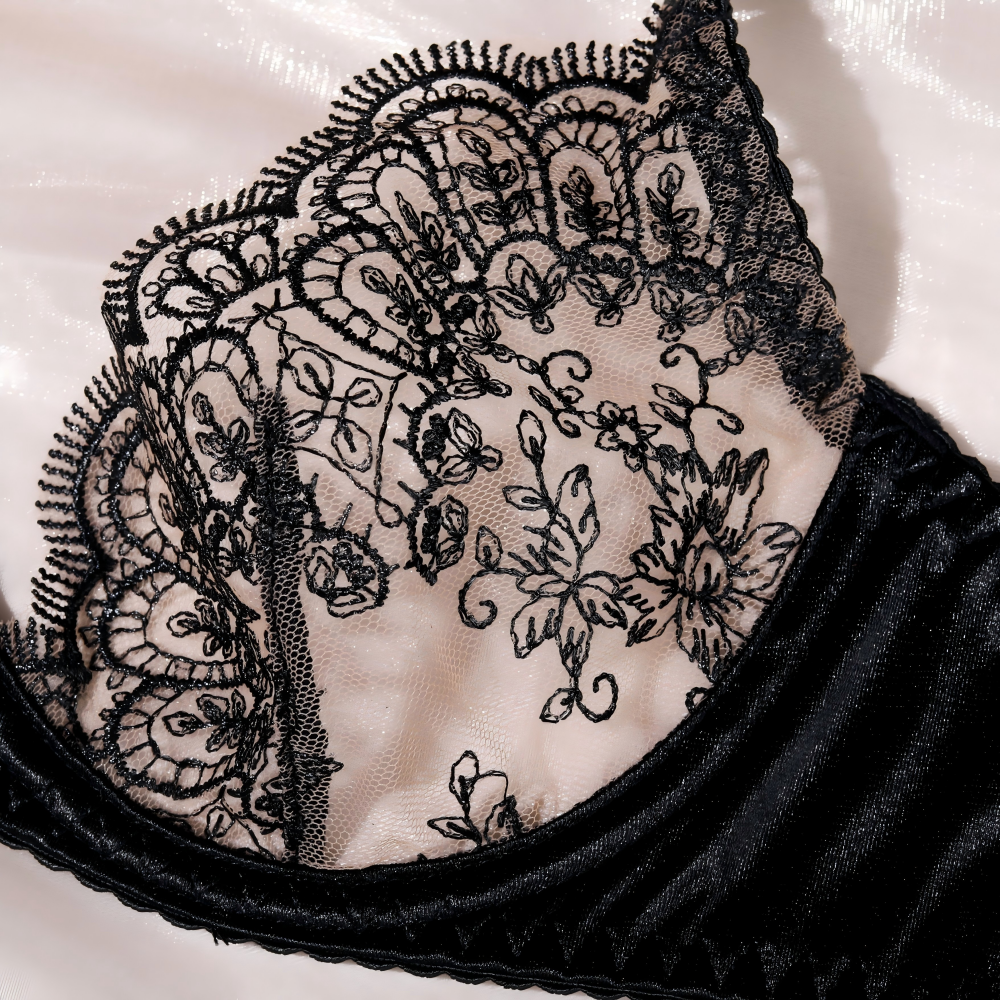 Underwire accents on three-piece lingerie set