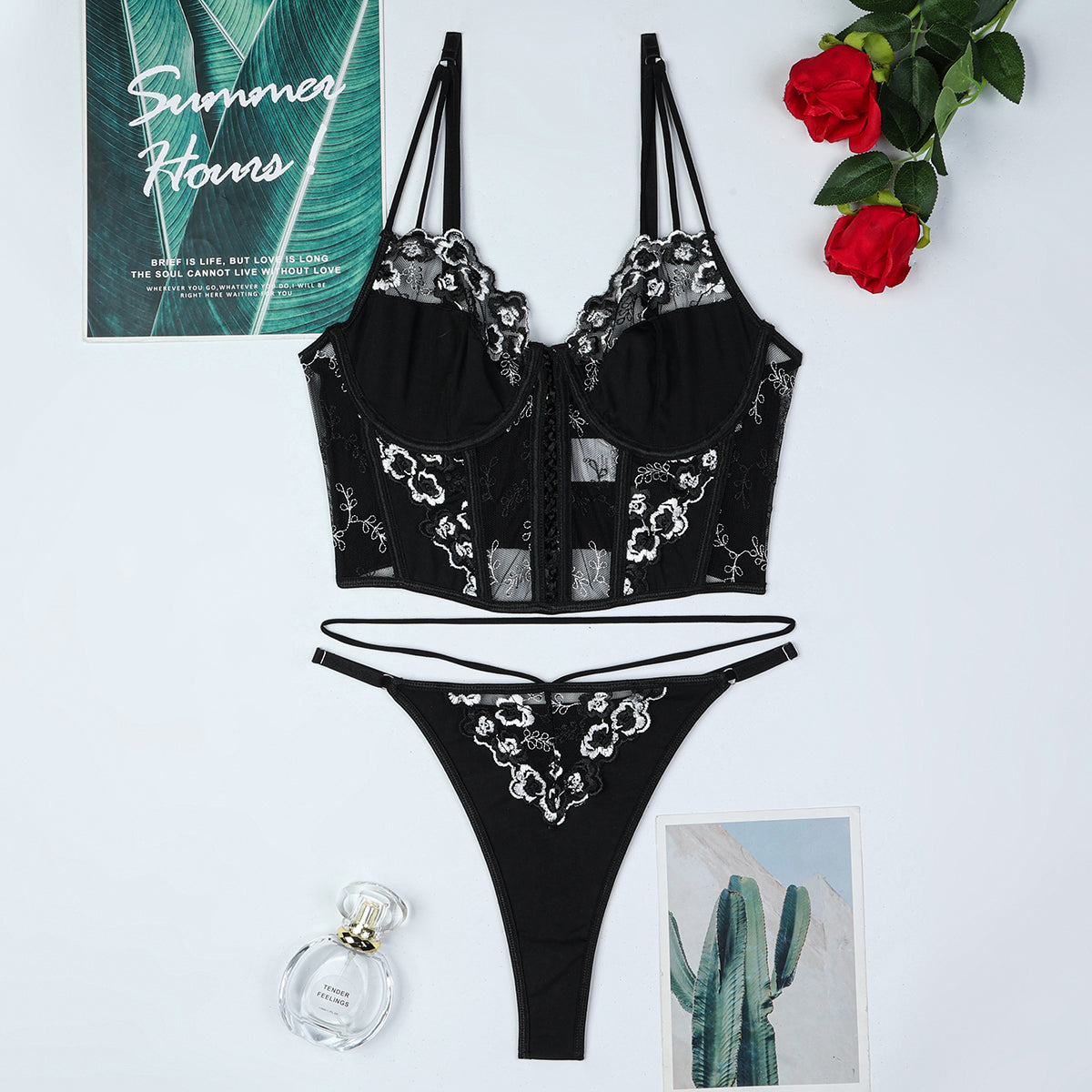 Black bra and panty set with strappy design