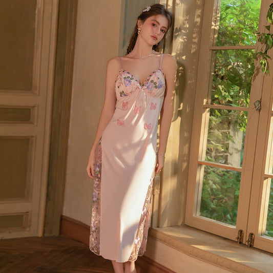 French Embroidered Satin Mesh Nightdress – Romantic Bridal Sleepwear