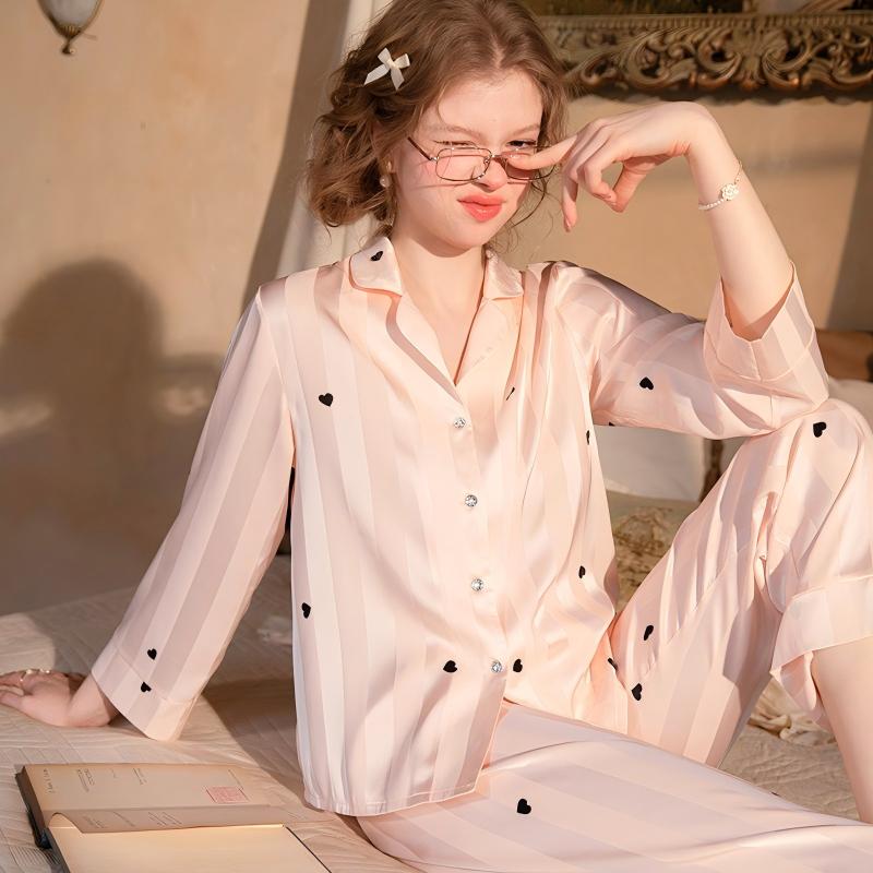 Heart Print Pajama Set – Button-Up Long Sleeve Loungewear Set