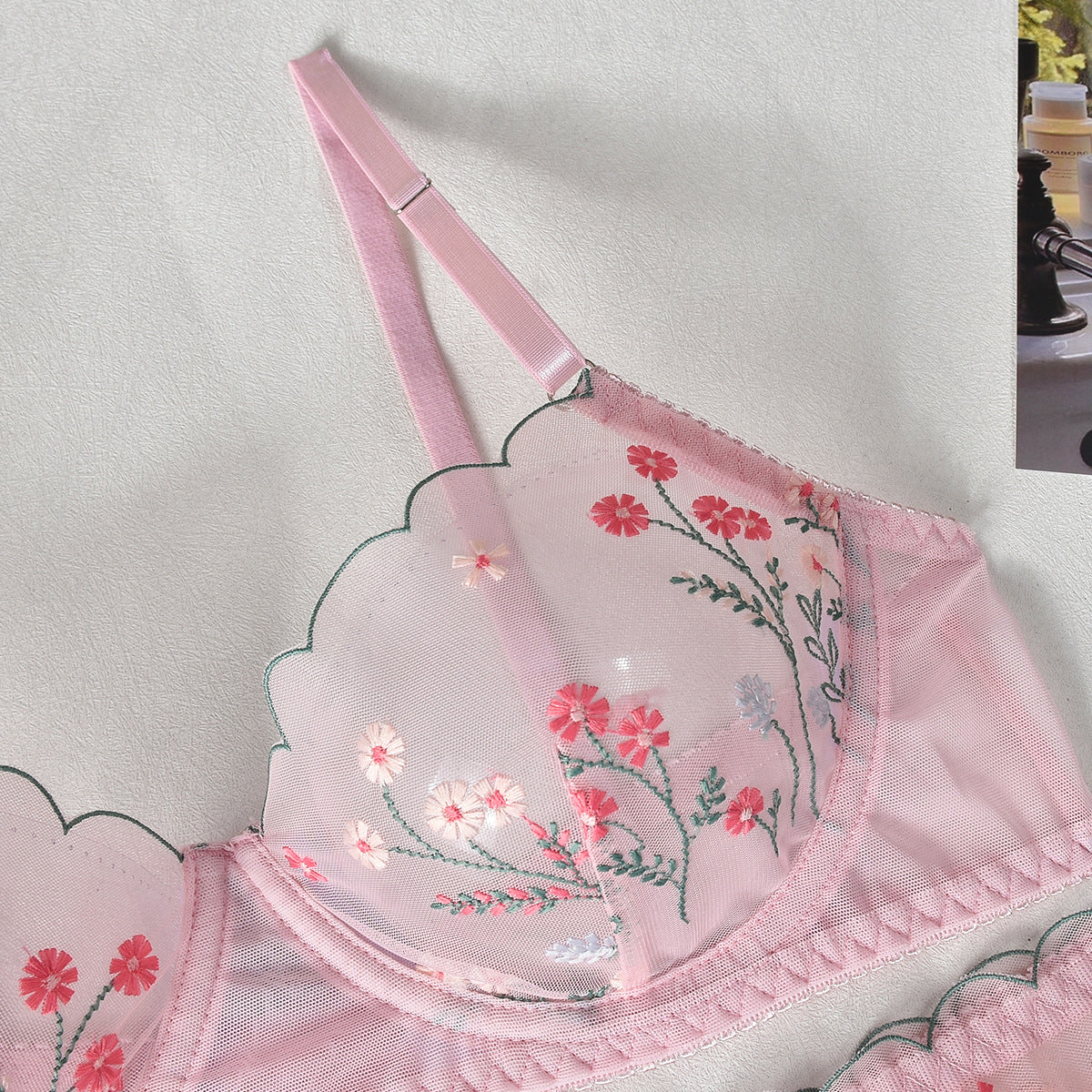 Pink lingerie set with lace design