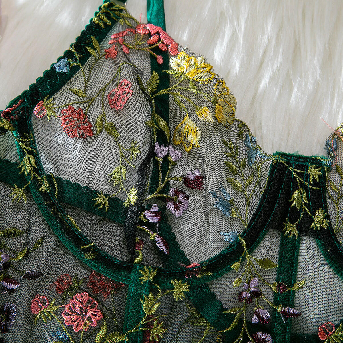 Embroidered design on corset lingerie set