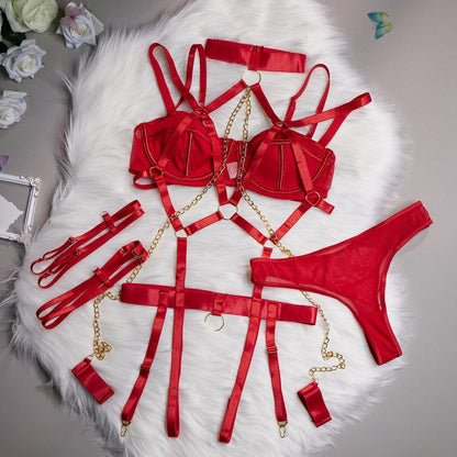Red harness detailed four-piece lingerie set