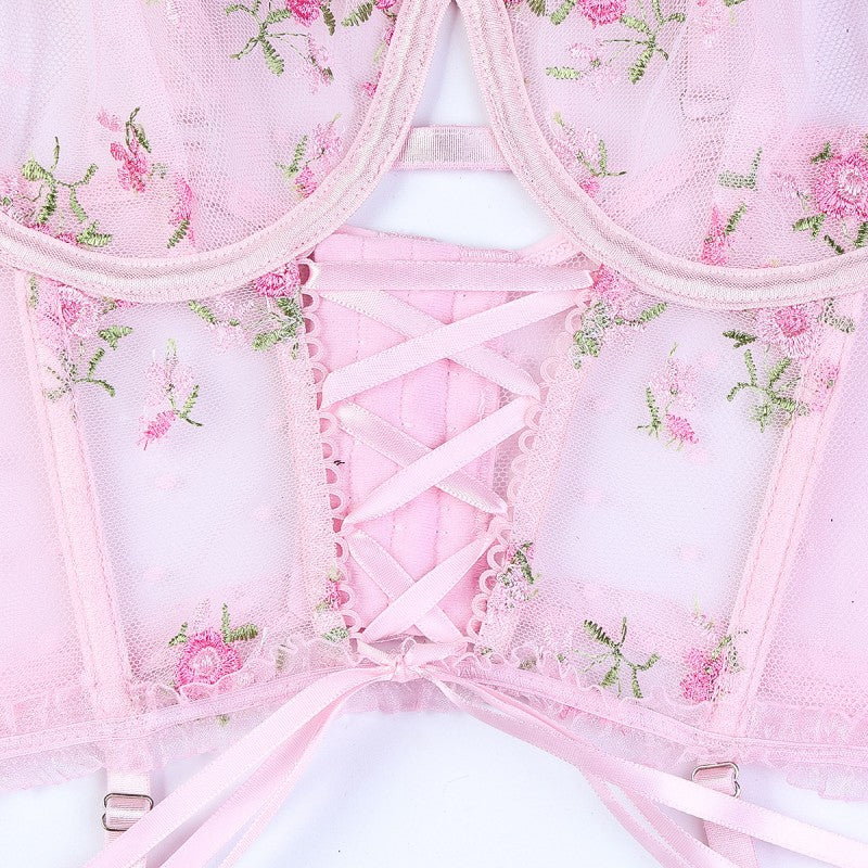 Embroidered design on three-piece lingerie set
