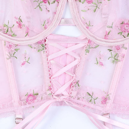 Embroidered design on three-piece lingerie set