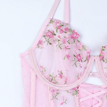 Pink floral detailed three-piece lingerie set