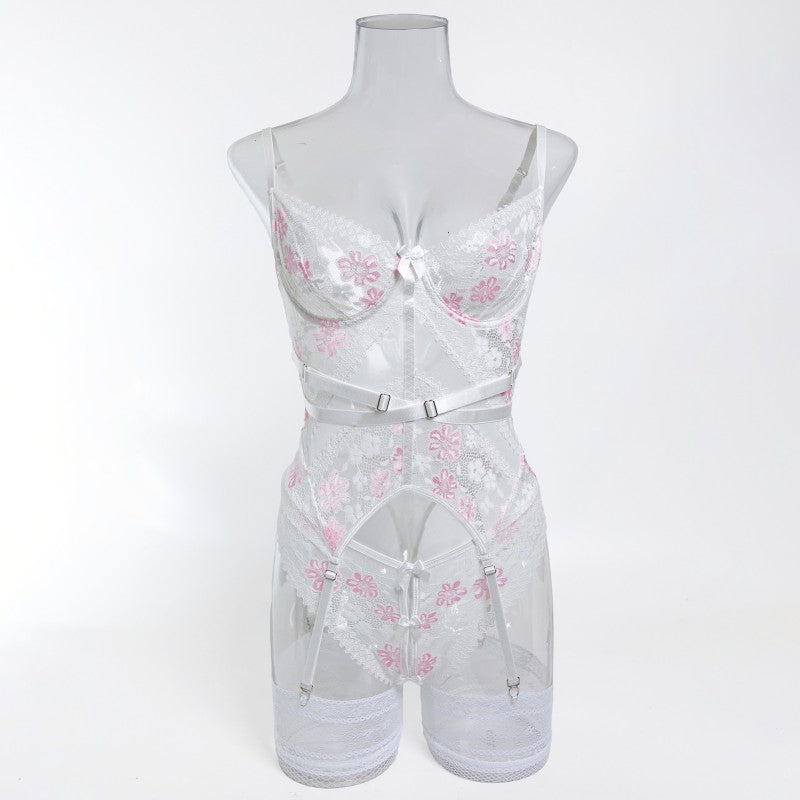 Floral accents on four-piece lingerie set