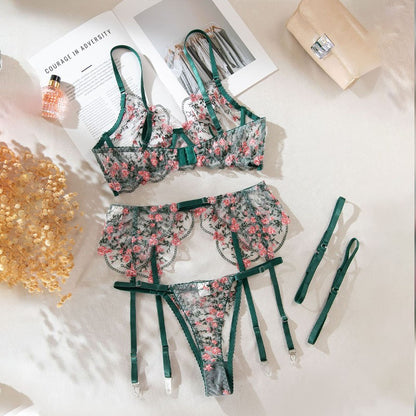 Green sheer mesh four-piece lingerie set
