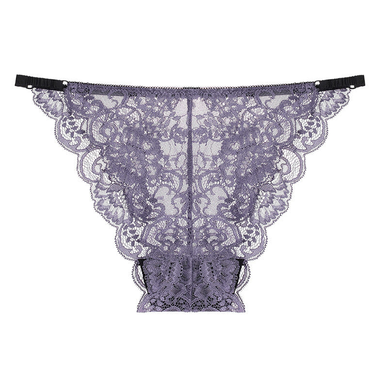 Purple low-waist thong with intricate floral lace design, featuring breathable fabric and lifting support.