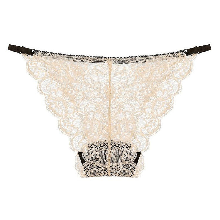 Beige low-waist thong with intricate floral lace design, featuring breathable fabric and lifting support.