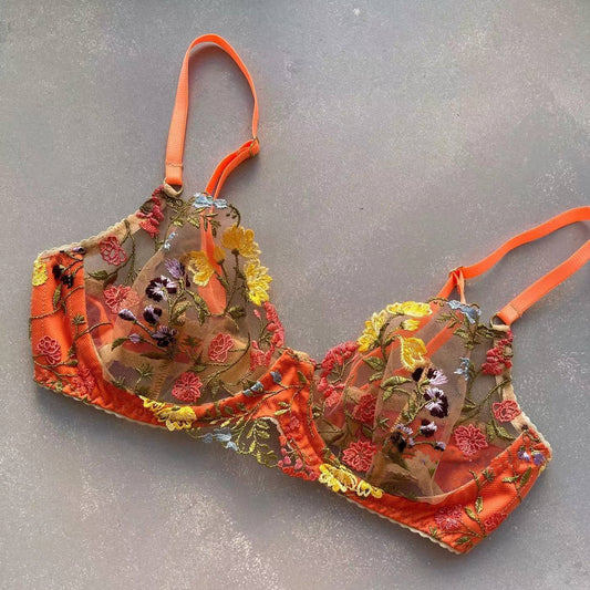Colorful Floral Embroidered Sheer Bra with Adjustable Straps
