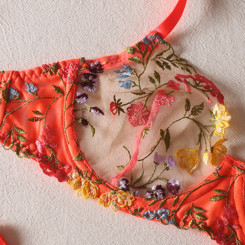 Colorful Floral Embroidered Sheer Bra with Adjustable Straps