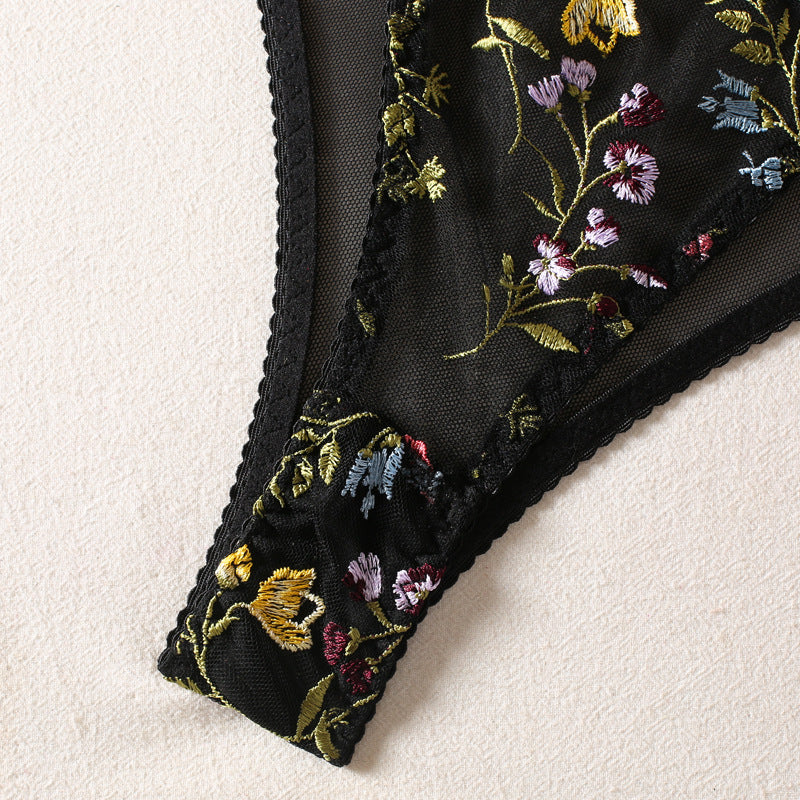 Floral Embroidery Sheer Lace Thong Panty