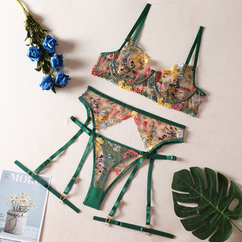 Floral Embroidered Lace Thong with Garter Straps