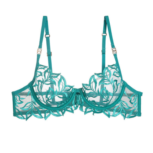 Green embroidered lace underwire bra with adjustable straps, highlighting the intricate floral lace pattern.