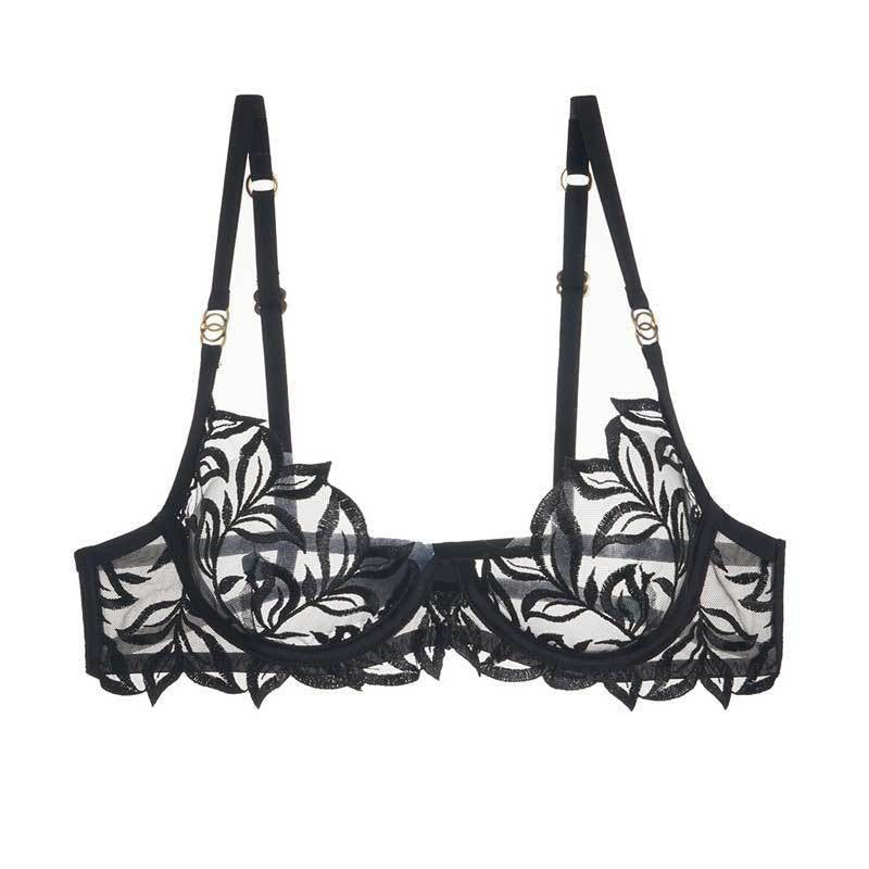 black embroidered lace underwire bra with adjustable straps, highlighting the intricate floral lace pattern.