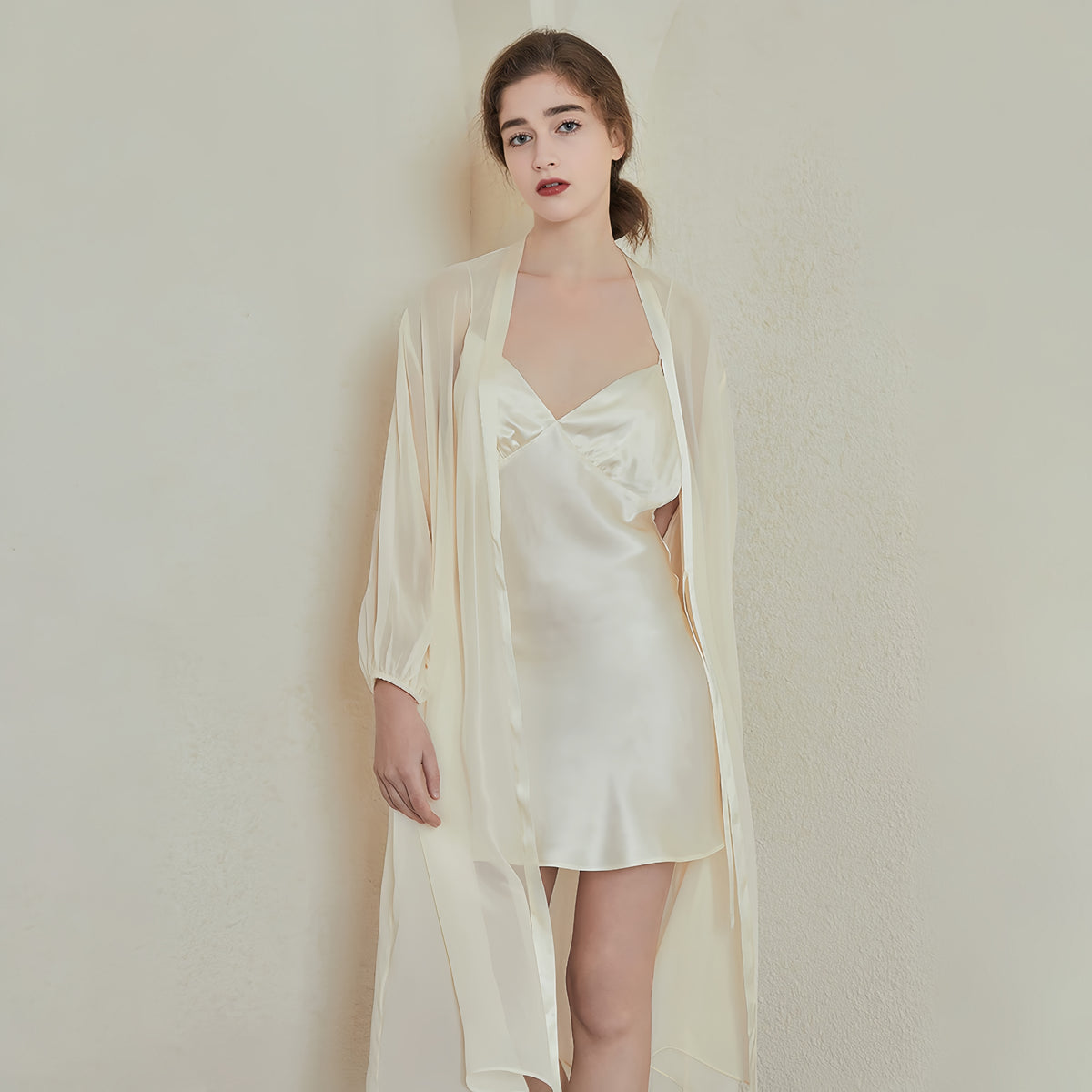 Ivory mulberry silk nightgown with housecoat