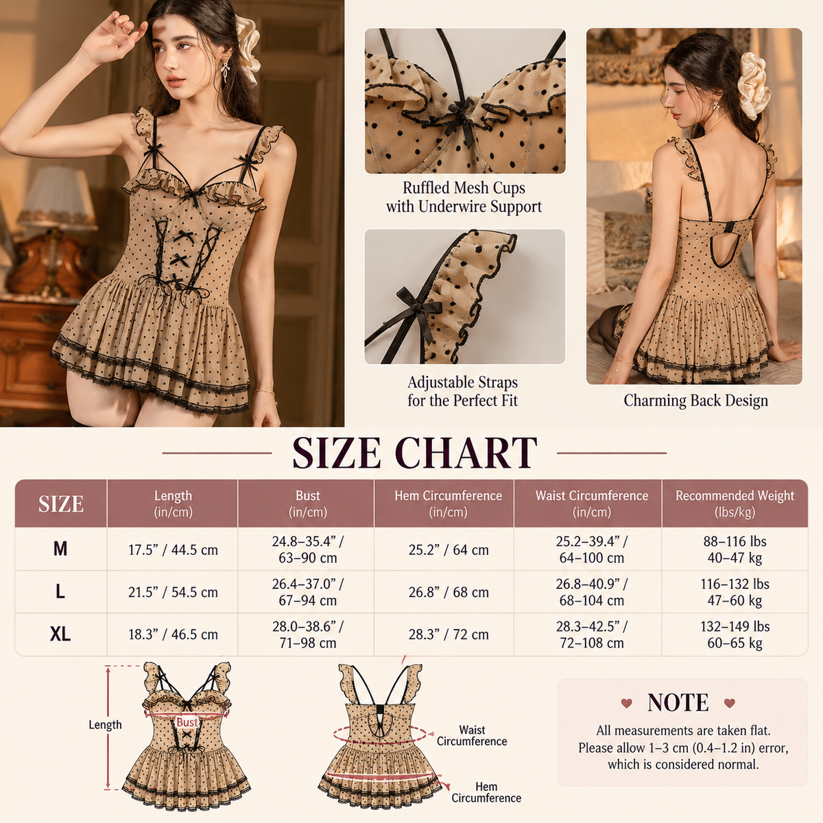 Khaki polka dot babydoll lingerie size chart