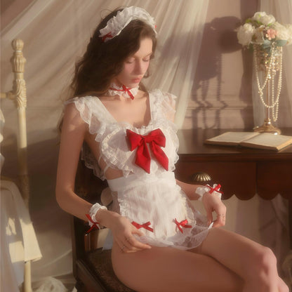 White maid lingerie bodysuit featuring lace