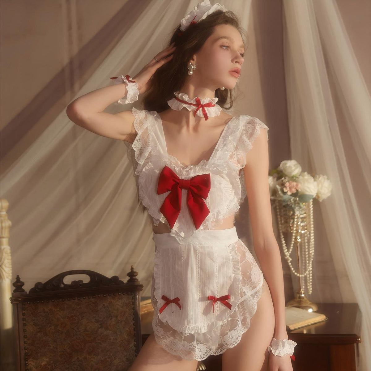 Satin details on maid roleplay lingerie bodysuit