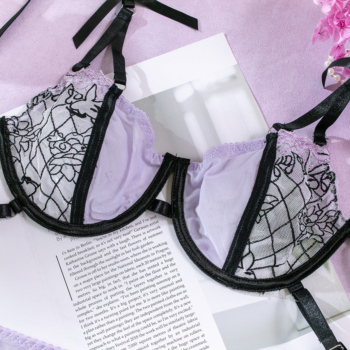 Purple lace three-piece lingerie set