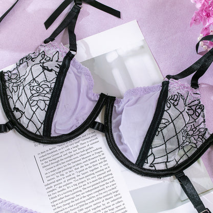 Purple lace three-piece lingerie set