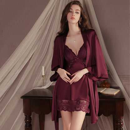 Lace Trim Satin Nightgown & Robe Set – Romantic Nightdress Lingerie Sleepwear (Purple / Red)